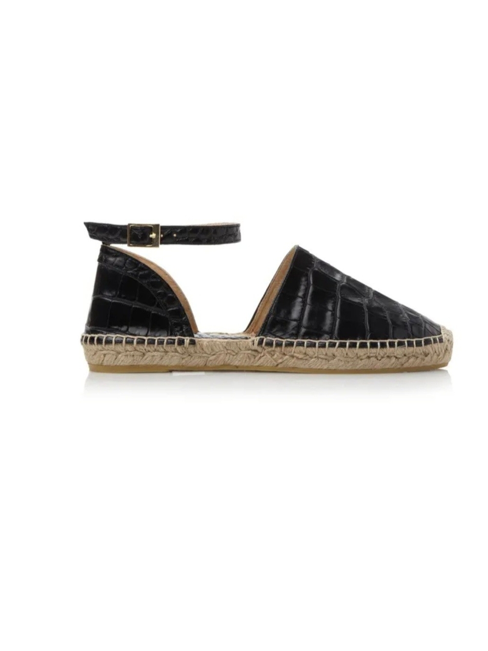 Dune Black Leather Croc-Embossed Ankle-Strap Espadrille Flats Women's 40